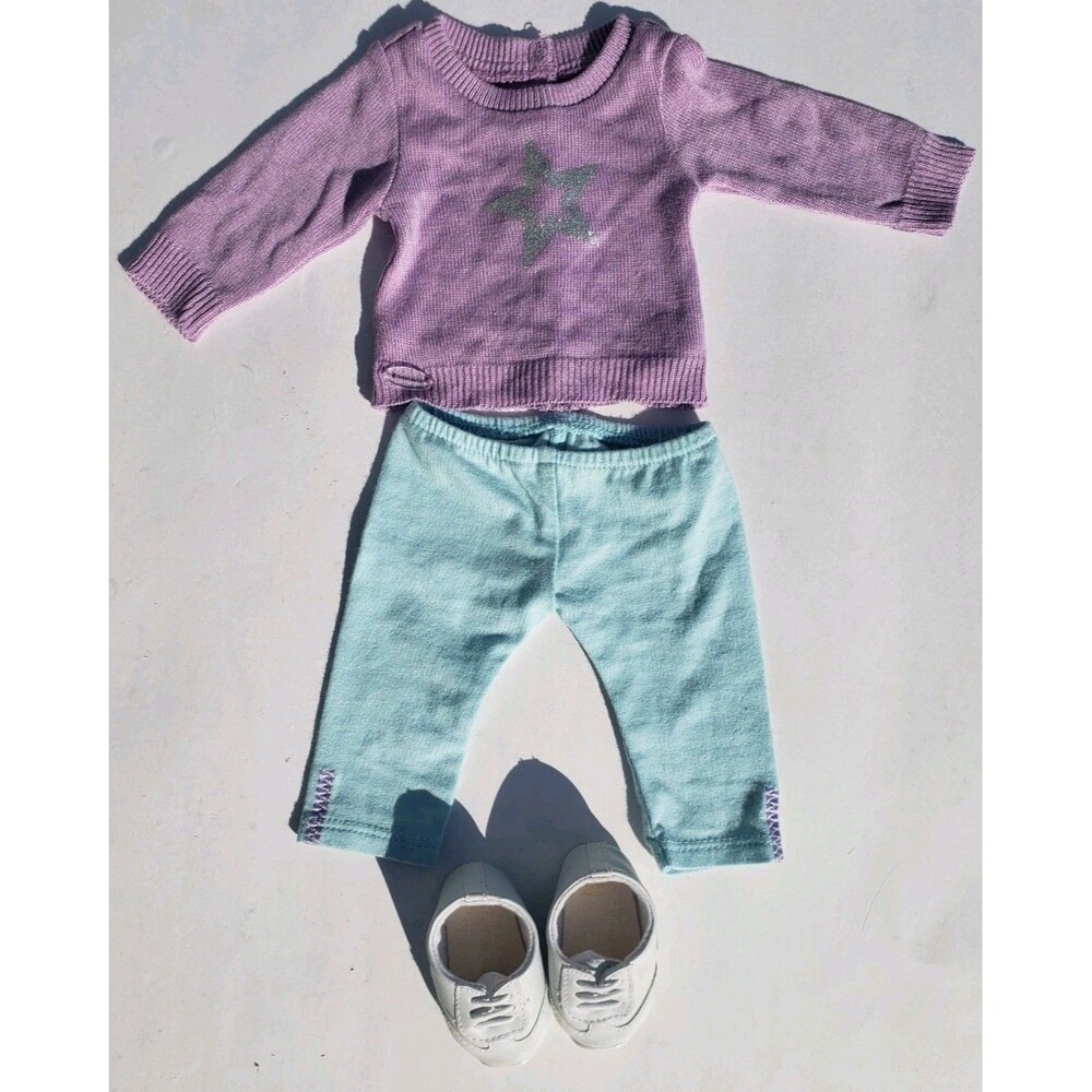American Girl Truly Me Purple Star Sweater, Blue Capri Leggings, & Shoes Outfit